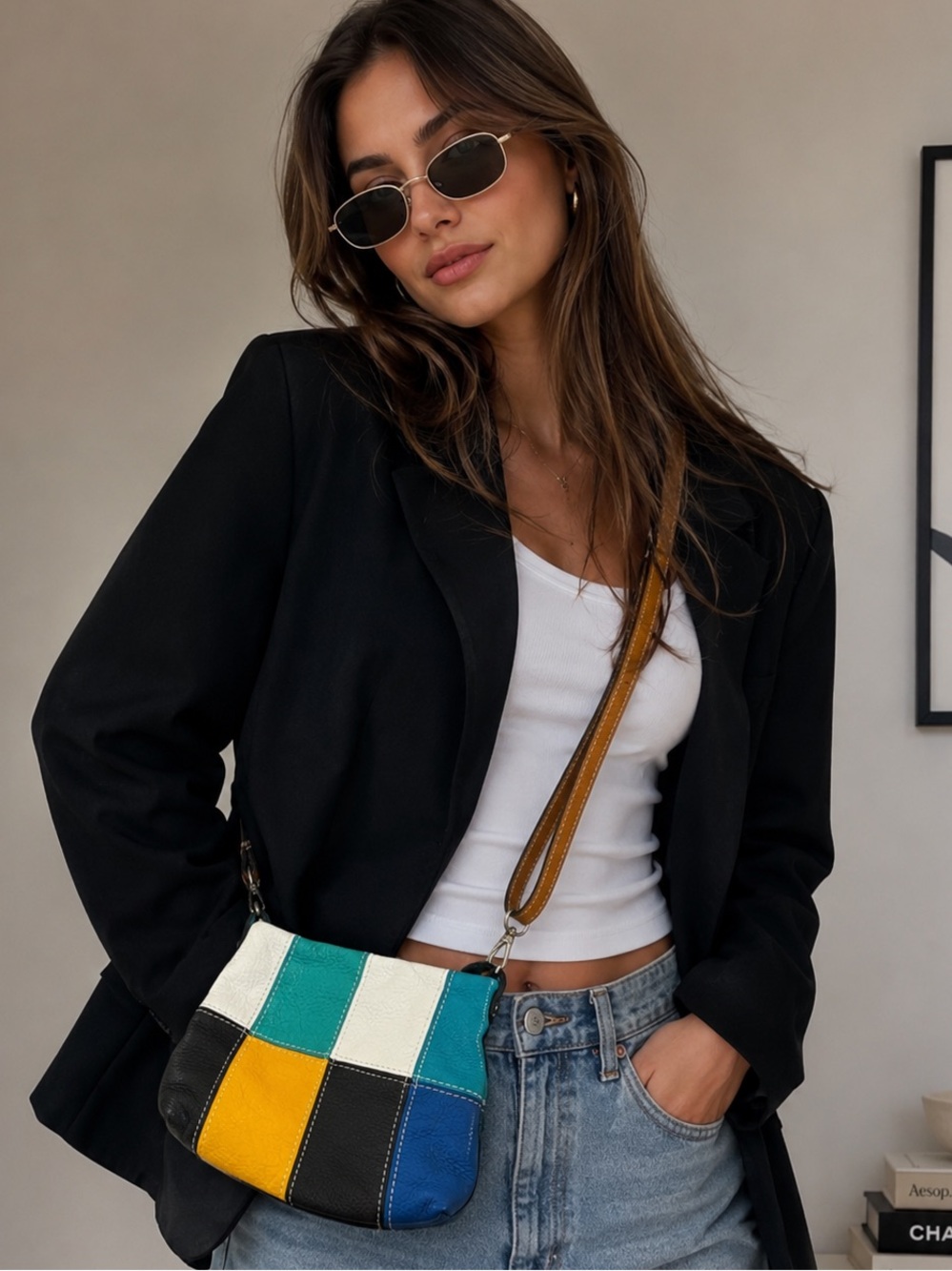 Retro Leather Crossbody Bag 80s Color Block